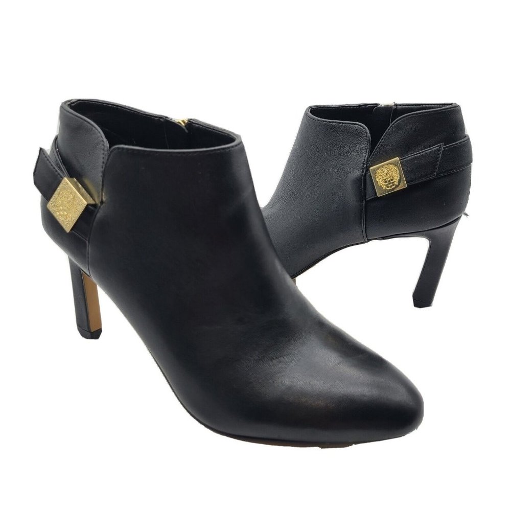 Vince Camuto Bootie Boots Women Lokarie Black Leather Buckle Ankle heel sz 7.5
